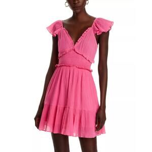 LoveShackFancy Women Pink Crinkle Cotton Ivella Flutter Sleeve Mini Dress Size M